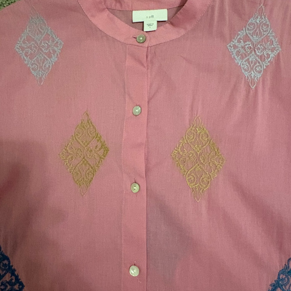 SALE J. Jill Pink Embroidered Tunic ✨ Button Front Boho Diamond Detail Size L - Picture 6 of 9